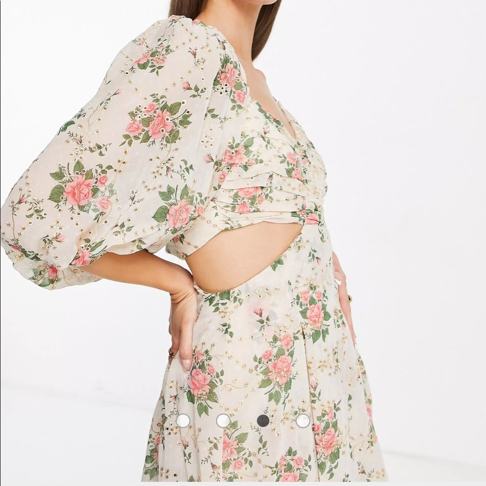 ASOS DESIGN premium cut out side mini dress in rose floral print broderie - Picture 4 of 4